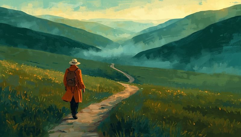 A traveller in an ochre coat walks a winding valley path at dawn, its far end disappearing into soft mist