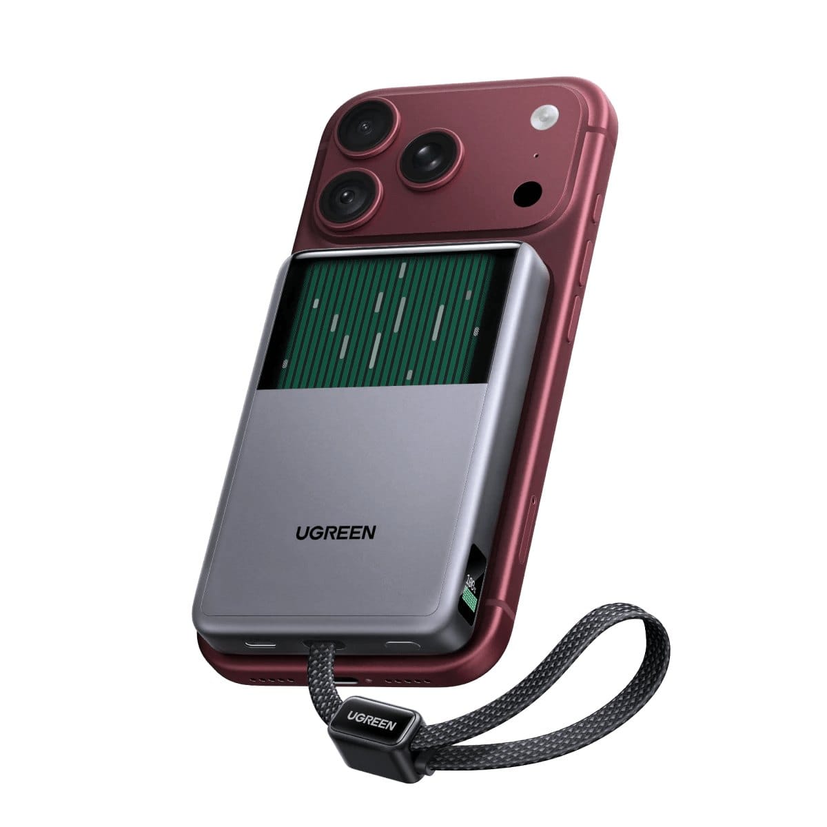 Ugreen MagFlow Pro power bank attached to the back of an iPhone