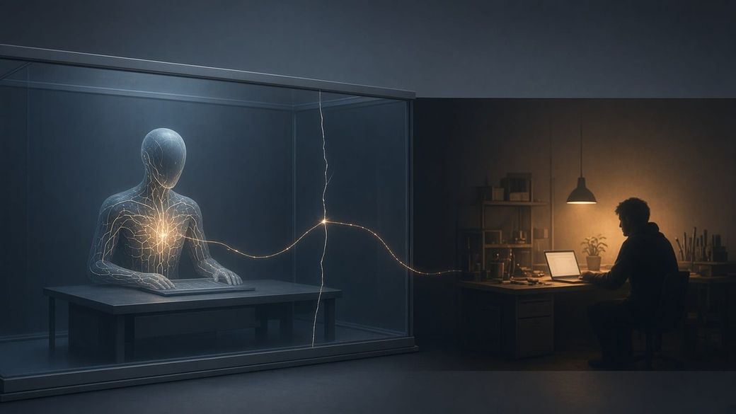 A glowing AI figure sits at a desk in a glass test chamber; a thread of light slips through a crack toward a developer at a laptop in a lamp-lit workshop