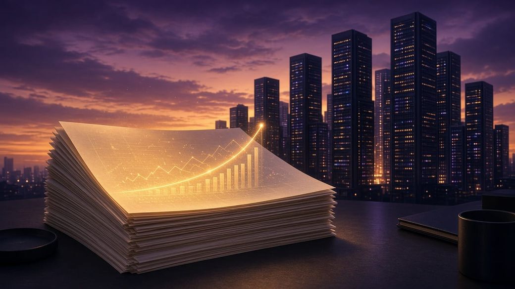 A glowing stack of financial papers before a skyline of data-center towers at dusk