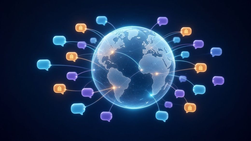 A glowing globe circled by chat bubbles, some marked with amber price tags