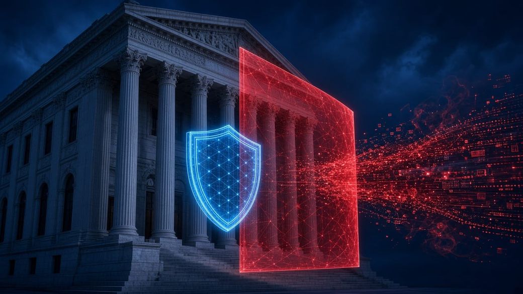 A government building protected by a glowing shield and a red barrier against streams of code