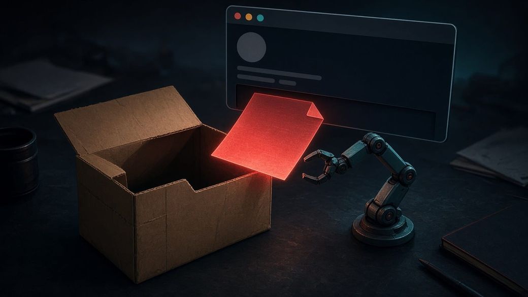 Illustration: a glowing red paper note sliding from a browser window into an open cardboard box as a small robotic arm reaches for it
