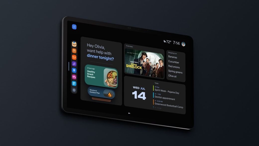 Amazon's Echo Show 16 smart display angled on a dark background, its screen showing a dinner prompt, a TV show tile, a shopping list and a family calendar