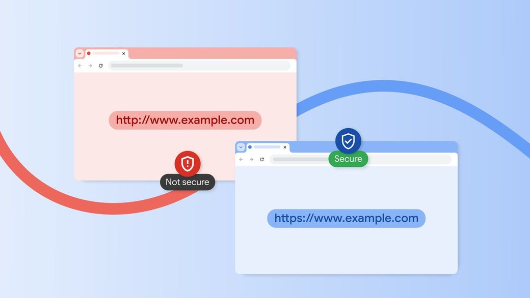 Two browser windows: an http address marked Not secure and an https address marked Secure