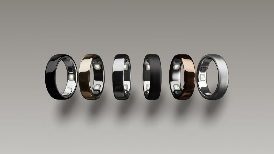 Oura Ring 5 in six finishes lined up side by side