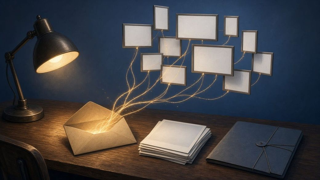 Illustration: an open envelope, a stack of photos and a folder on a lamplit desk, with glowing threads rising to a cluster of blank billboards