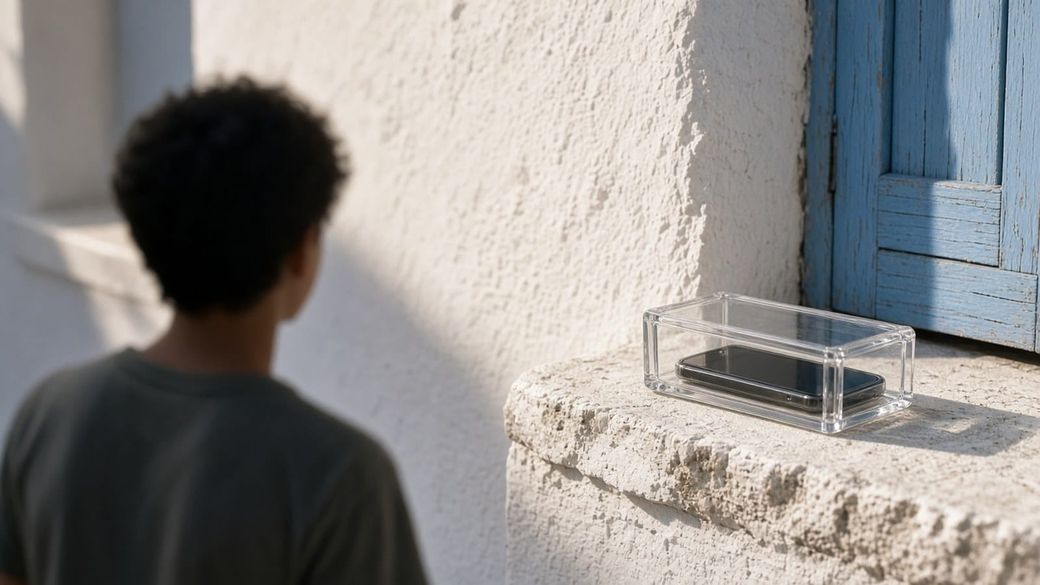 Illustration: a teenager, seen from behind and out of focus, looking at a smartphone sealed in a clear glass box on a whitewashed ledge beside a blue shutter