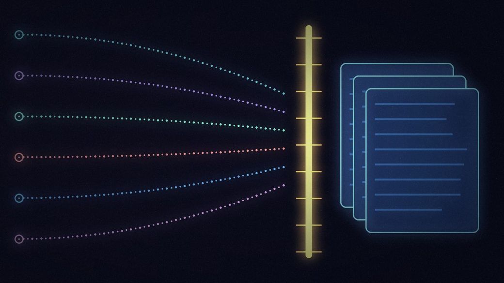 Abstract illustration of several dotted beams of light stopping at a single glowing gate in front of a stack of blank web pages