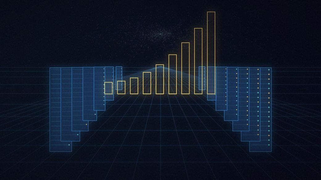 Abstract illustration: rows of glowing blue server racks recede on a grid floor toward a horizon, with a set of gold outlined bars rising steeply in the center.