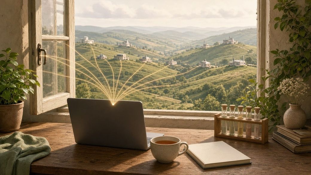Illustration of a sunlit desk with a laptop, tea and sample tubes, with glowing threads stretching from the laptop through a window to small laboratory buildings on distant hills