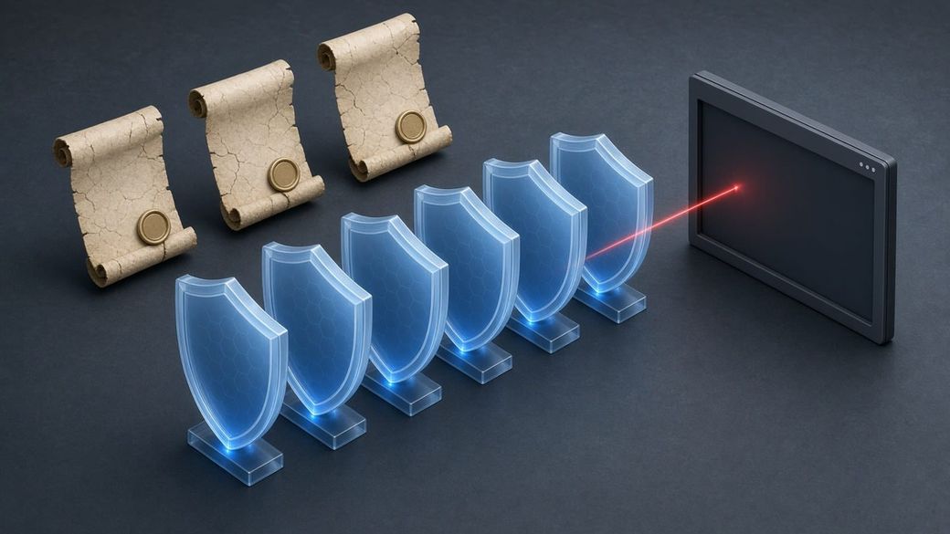Illustration of a row of glowing blue glass shields with cracked certificate scrolls above, while a red beam slips past the last shield into an unprotected terminal window