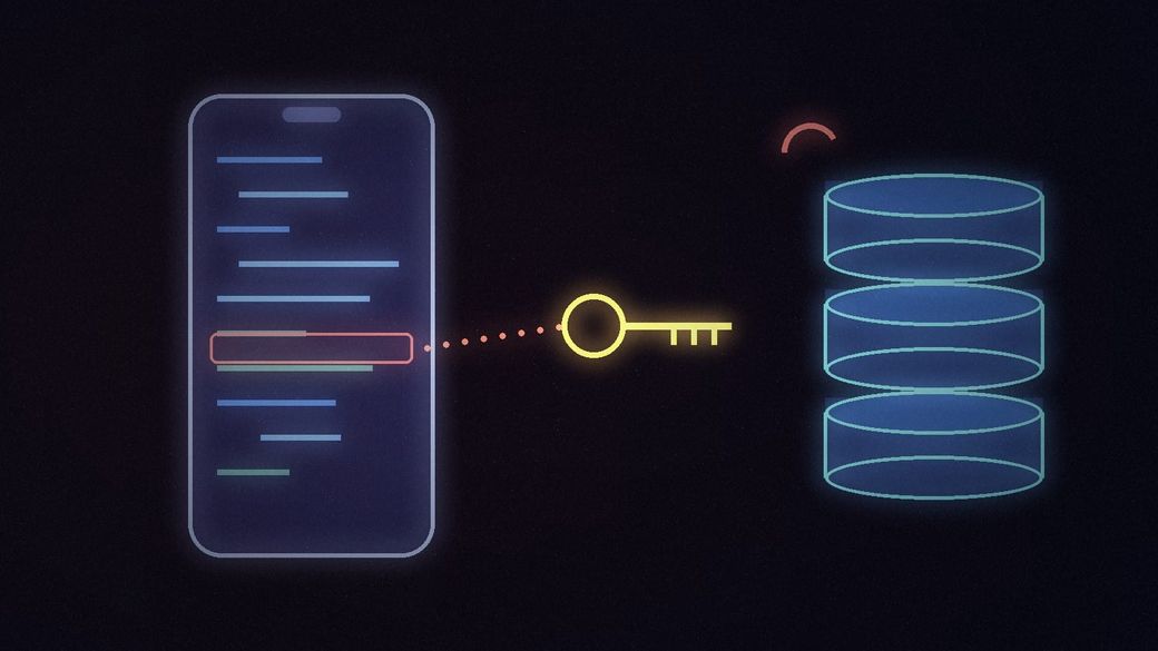 Abstract illustration of a phone showing lines of code, with a highlighted line releasing a glowing key toward a stack of database cylinders