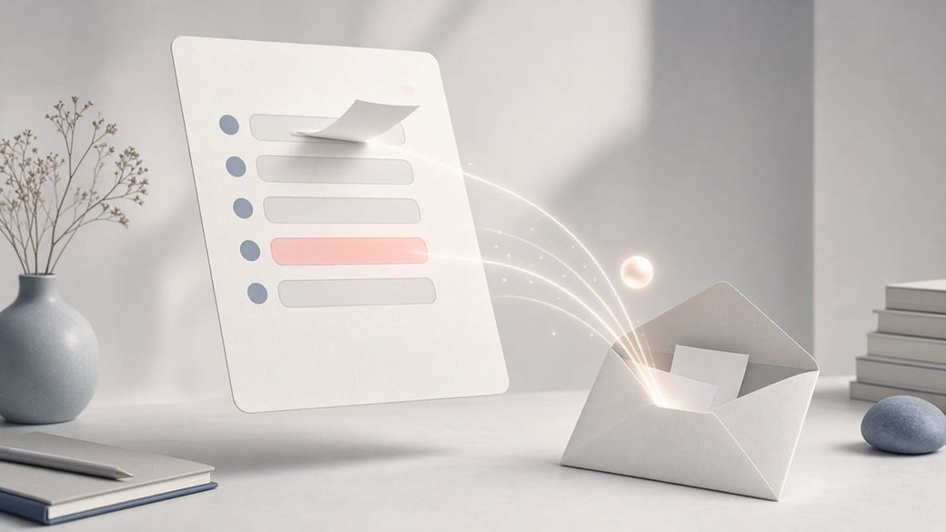 Illustration of blank paper slips drifting on arcs of light from an open envelope into the empty fields of a floating web form, beside a small glowing orb