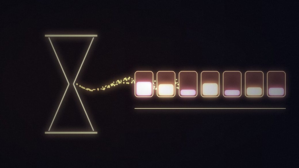 Abstract illustration of an hourglass whose sand drifts out into a row of seven glowing weekly bars