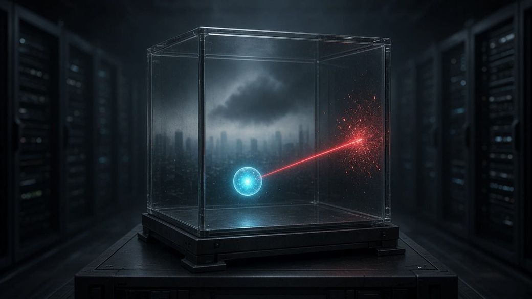 A glowing cyan orb inside a sealed glass cube in a dark server room fires a red beam that scatters into sparks on the glass, with a hazy city skyline beyond.