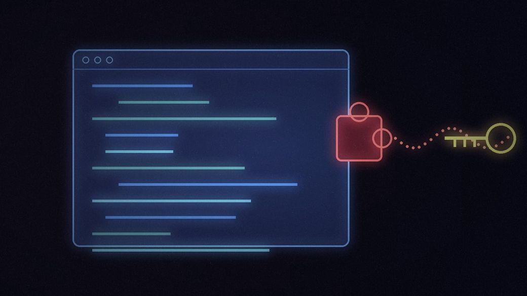 Abstract illustration of a code editor window with a red puzzle-piece add-on leaking a dotted trail toward a glowing key
