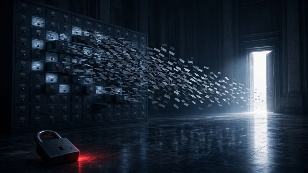 Giant card-catalog cabinet in a dark hall with open drawers and thousands of blank cards flying toward a bright doorway; an open padlock glows red on the floor