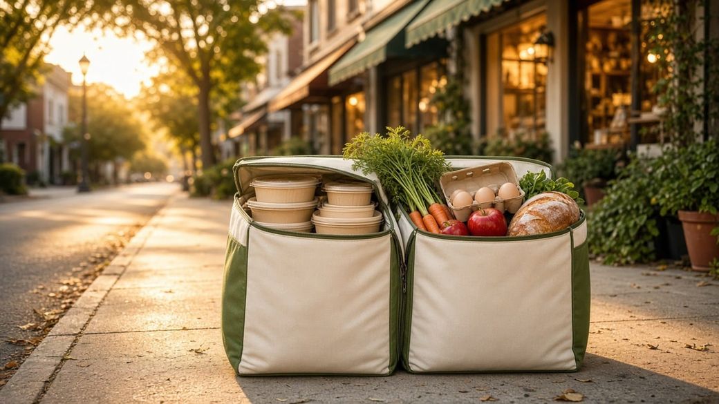Two cream-and-green insulated delivery bags side by side on a sunny sidewalk, one with takeout containers and one with groceries, in front of shops with green awnings