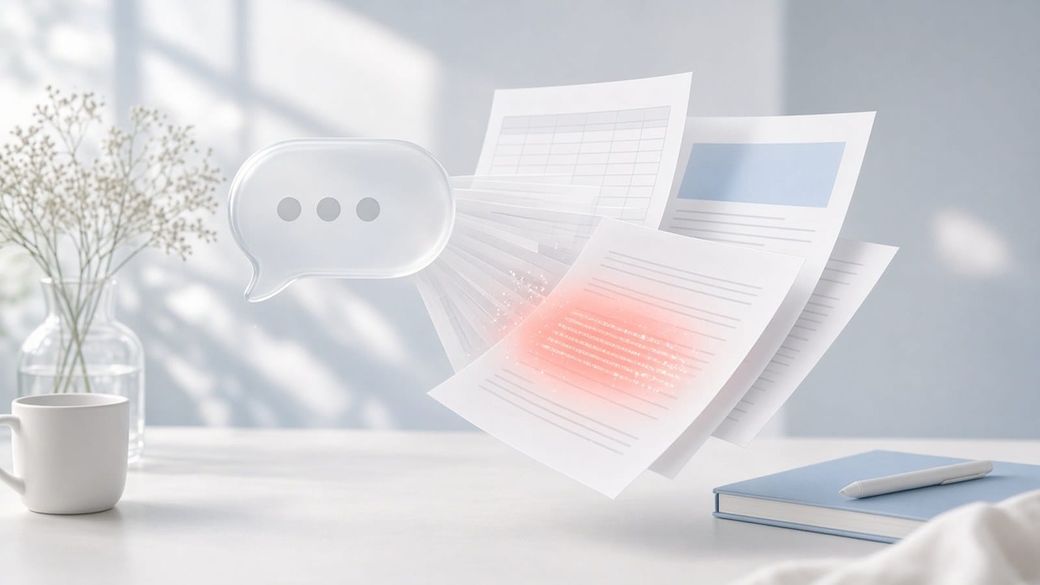 Illustration of a frosted-glass chat bubble unfolding blank documents and a spreadsheet, with one page glowing coral as it's being edited