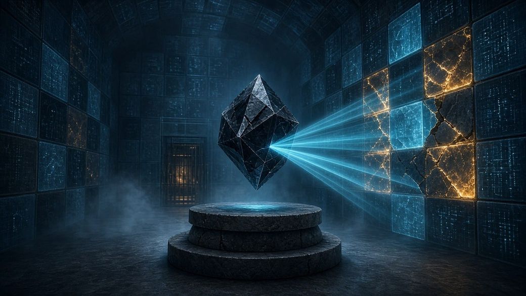 Illustration of a dark faceted crystal hovering over a pedestal in a vault of glowing blocks, sending cyan beams that find cracked blocks glowing amber