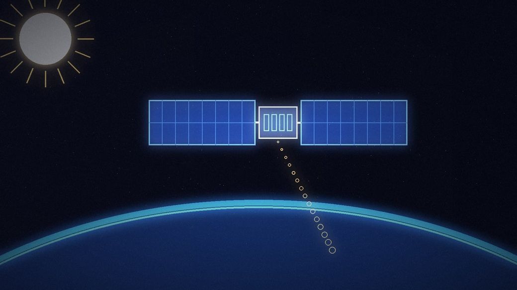Abstract illustration of a satellite with wide solar panels above Earth's glowing horizon, sending a dotted beam down, with the sun in the corner