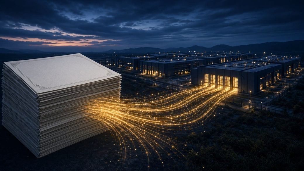 Illustration of a tall stack of blank stock certificates whose sheets dissolve into streams of gold light flowing into a vast data center campus at dusk
