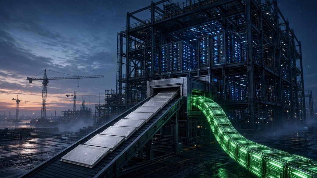 A conveyor of blank silver cards feeds a glowing data center under construction at dusk, while a green cable of stacked chips plugs into the same intake, cranes behind.