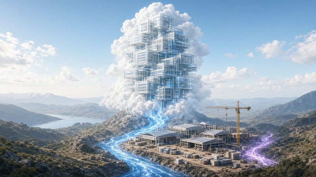 Tower of translucent glass server modules rising from a cloud above mountains, with a blue river of light and a violet stream flowing to unfinished data-center halls and a crane