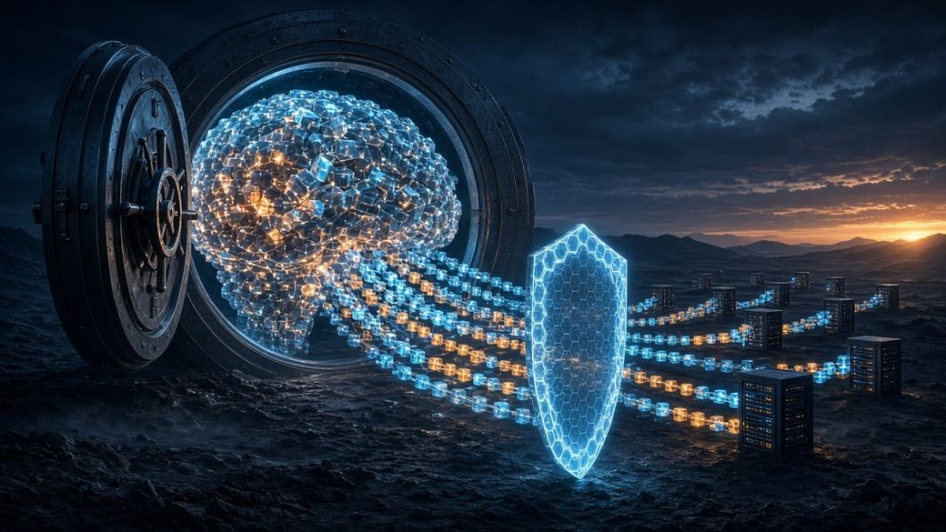 Illustration of a glowing crystalline AI core inside an open vault, with streams of glowing cubes flowing out to small server racks guarded by a hexagonal shield