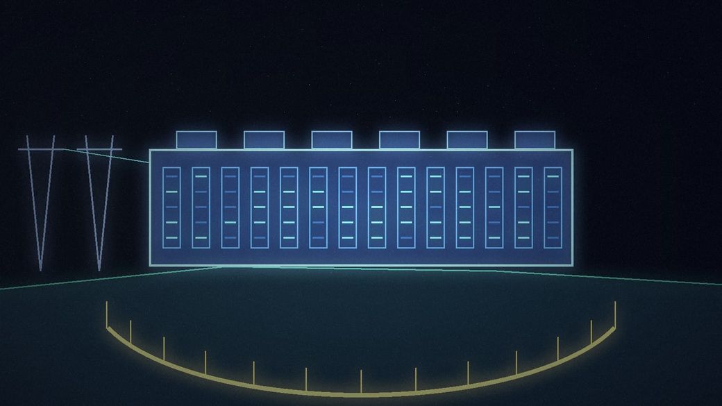 Abstract illustration of a long data center building on a hillside with power towers, cradled from below by a glowing gold safety net