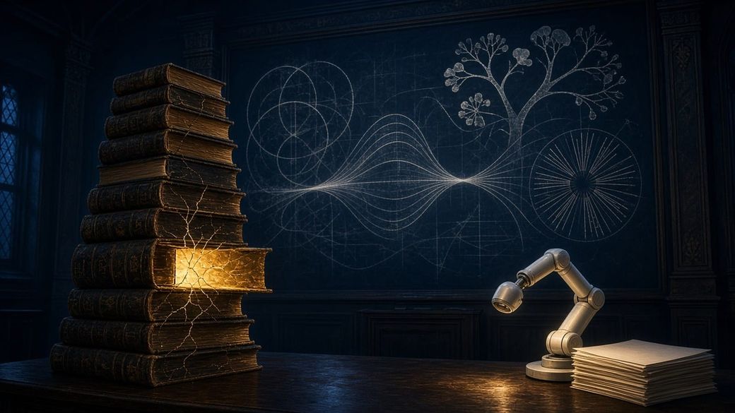 A tower of old leather books in a dark lecture hall, one glowing gold block cracking it, beside a chalkboard of geometric drawings and a small robotic arm by blank paper.