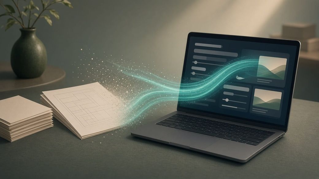 A laptop on a green desk showing blank interface panels and sliders, with a glowing teal stream of light flowing into the screen from stacks of blank paper and a blueprint sheet.