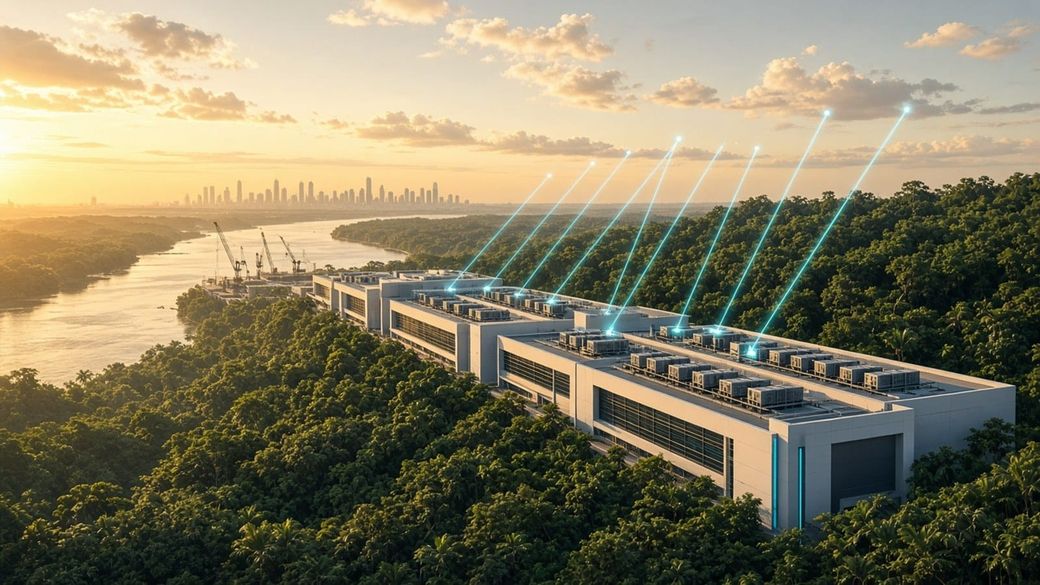 Illustration of a large white data center campus beside a rainforest river at golden hour, with cyan light beams rising from its rooftops and cranes and a city skyline in the distance