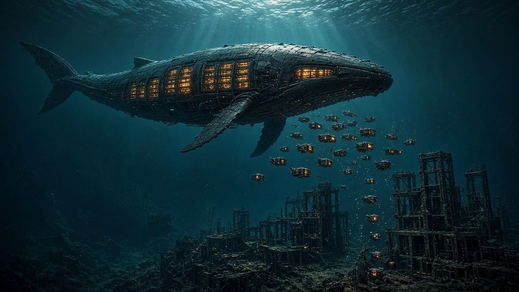 Illustration of a huge metal whale lit by glowing server panels swimming above a school of tiny server-rack fish and sunken, half-built data center frames