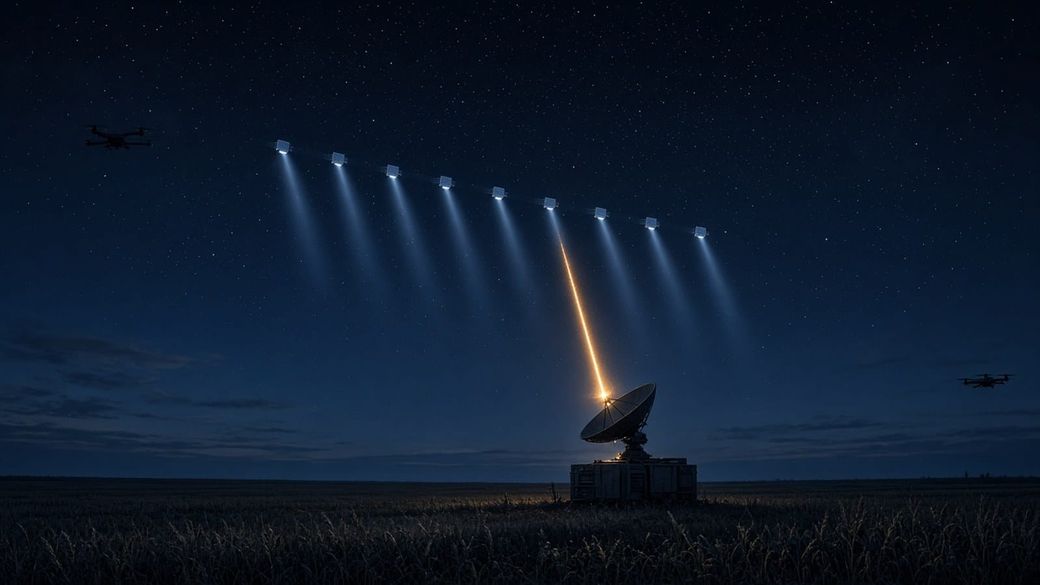 A chain of glowing satellites crosses a starry navy night sky above a dark wheat field, with one narrow amber beam reaching a ground satellite dish and small drones silhouetted at the edges.
