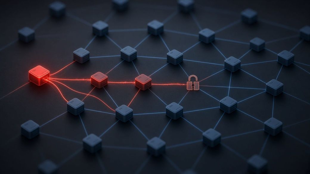 Illustration of a dark mesh network of server nodes where a red glow spreads from one compromised node along the links to its neighbors, past a broken padlock