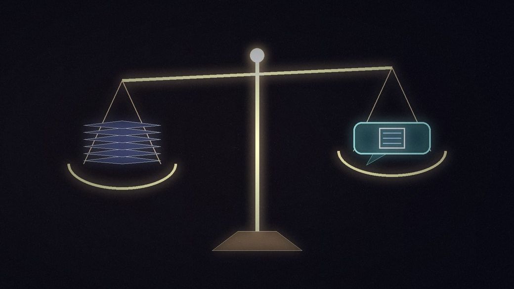 Abstract illustration of a balance scale holding a stack of pages on one side and a speech bubble with a single page on the other