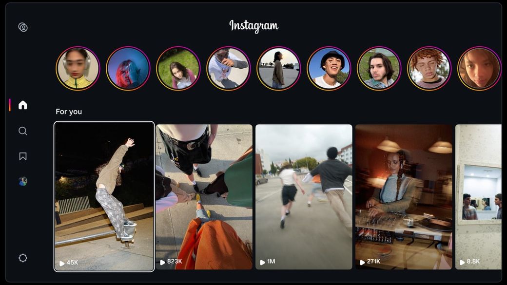 Instagram for TV home screen showing a row of story circles and a For you row of vertical Reels thumbnails on a dark background