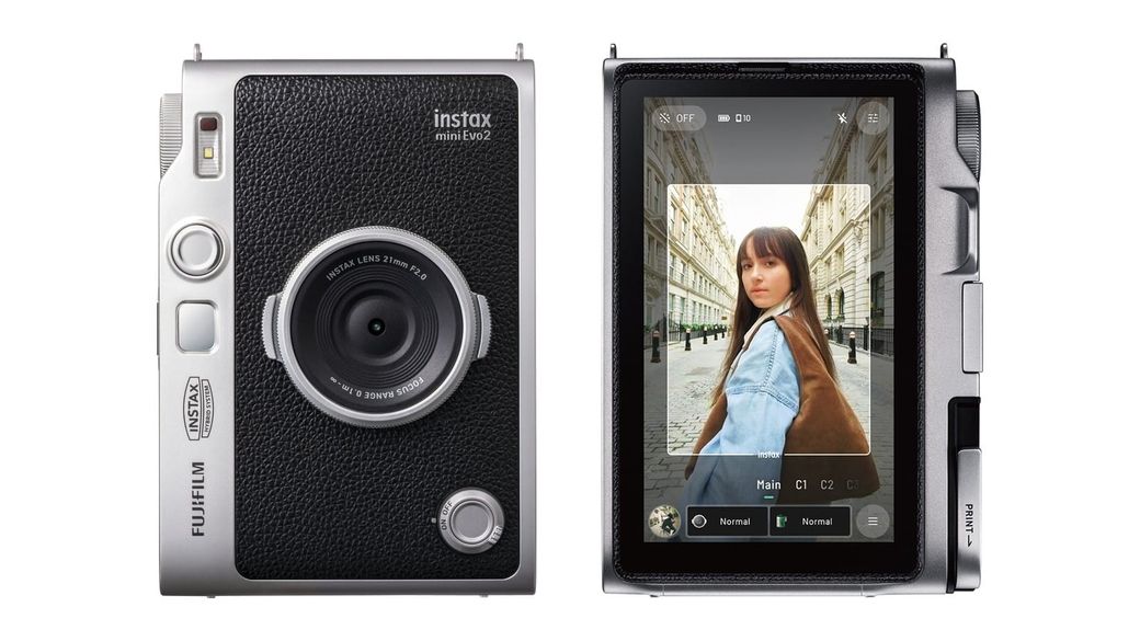 The black Fujifilm Instax Mini Evo 2 shown from the front, with its round lens, and from the back, where a large touchscreen fills the rear panel