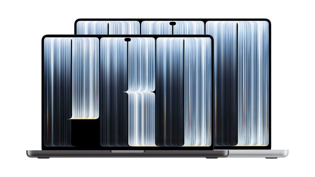 Apple's 14-inch and 16-inch MacBook Pro with PROLED XDR Display, one in front of the other on a white background, screens showing blue and silver light streaks