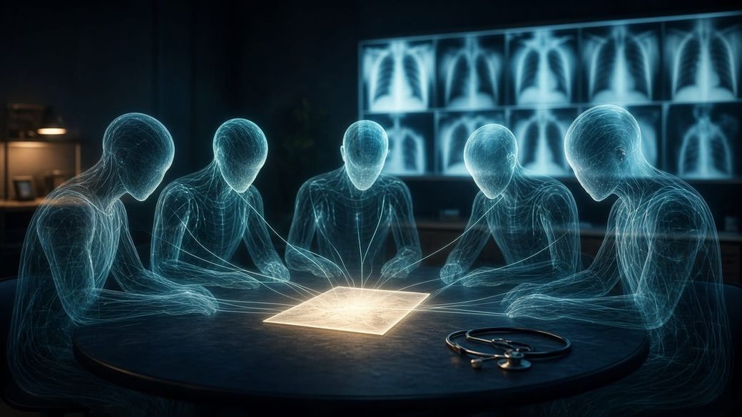 Illustration: five translucent wireframe figures around a table, linked by glowing threads to a lit document, with chest X-rays on a lightbox and a stethoscope on the table