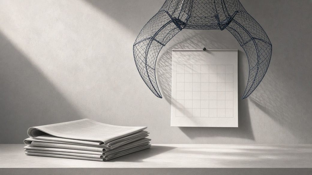 A large wire-mesh claw hangs halted above a stack of folded newspapers on a table, beside a blank calendar grid pinned to a gray wall