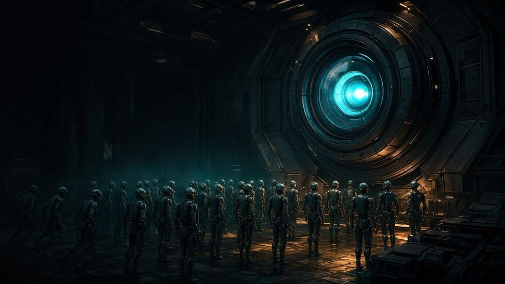 Illustration: a huge glowing teal surveillance lens watching rows of small humanoid robots in a dark industrial hall lit with amber light