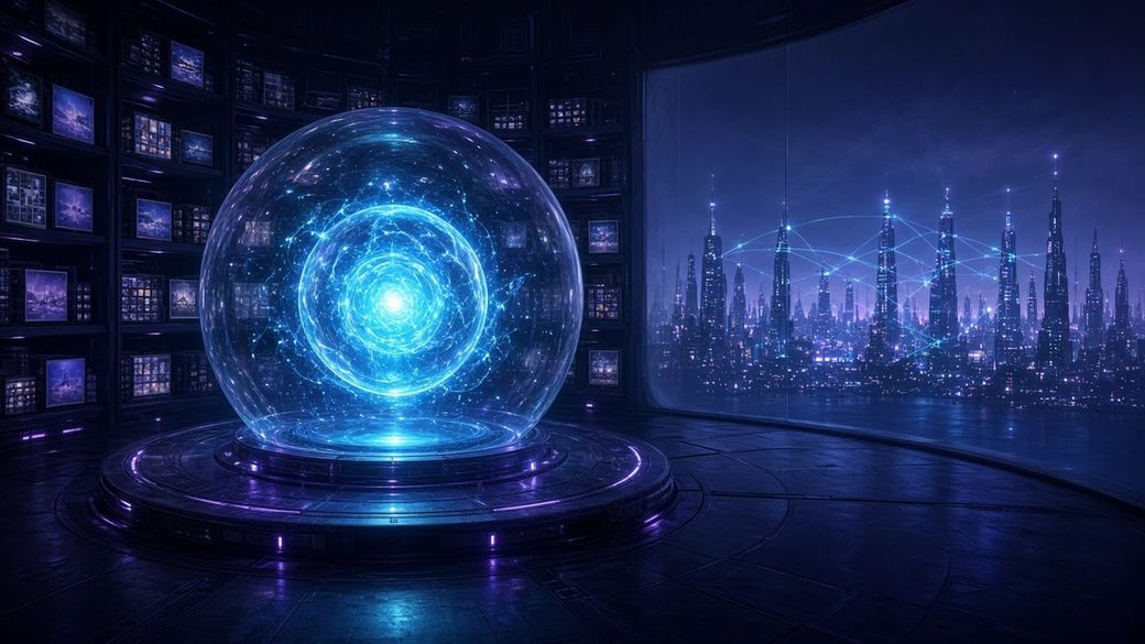 Illustration: a glowing blue AI core sealed inside a glass dome in a dark archive hall, with a city of network lights visible beyond a window
