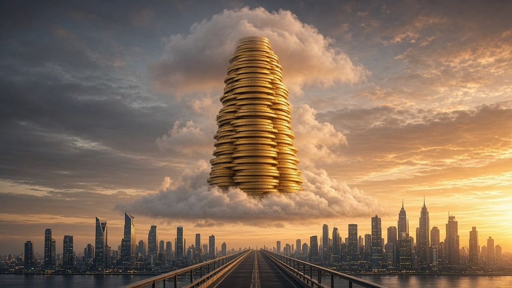 Illustration: a towering stack of gold coins rising out of clouds above a city skyline at dusk, with a bridge leading toward it
