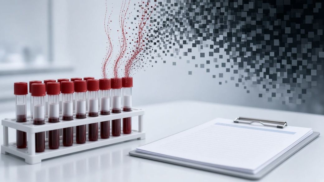 A rack of red-capped blood sample tubes beside a clipboard of blank forms on a white lab counter, with red threads rising from the tubes and dissolving into dark pixels