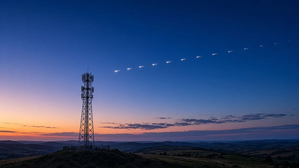 Illustration: a lattice cell tower on a rural ridge at dusk, with a line of satellites streaking across the deep-blue sky above it