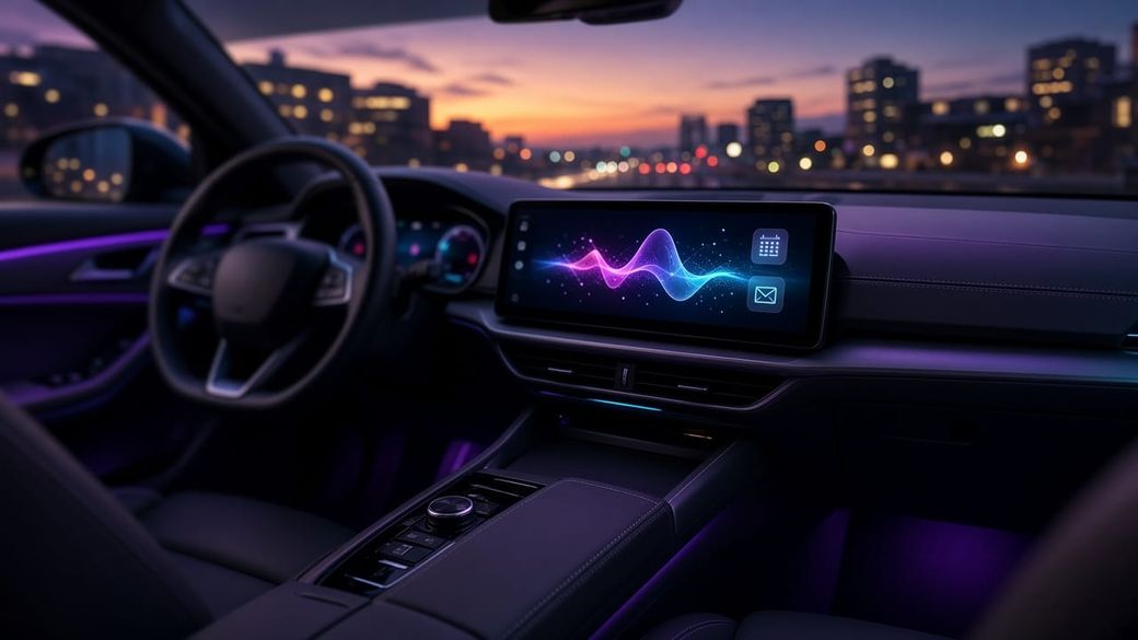 A car dashboard at dusk with a glowing infotainment screen showing an AI voice waveform beside calendar and mail icons, city lights blurred through the windshield