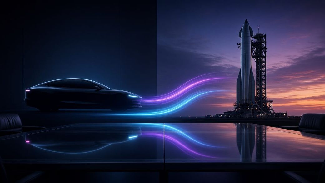An unbadged electric car and a rocket on a launch pad at twilight, their light trails converging over a reflective boardroom table